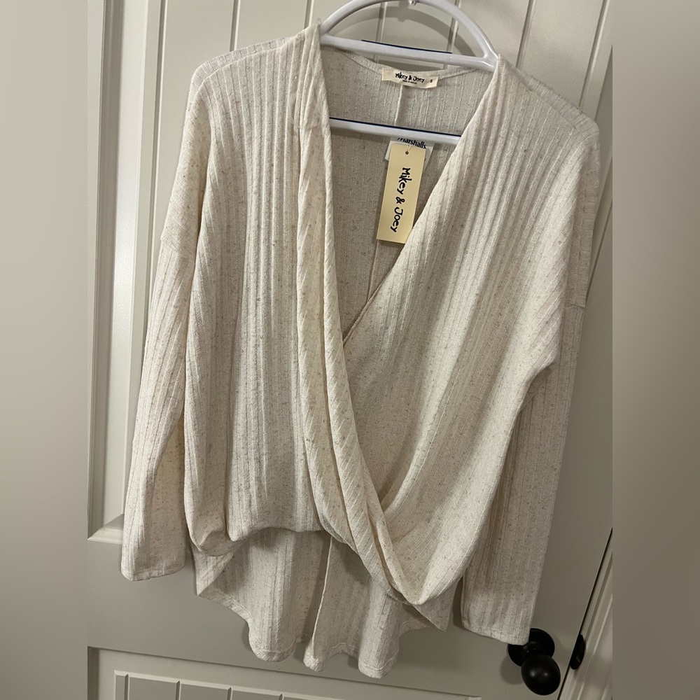 Cream Ribbed Wrap Sweater - Picture 3 of 7